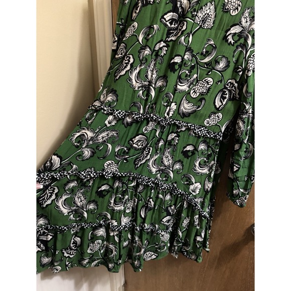 Anthropologie Tiered V-Neck Mini Dress Green Motif Floral Ruffle Layer L Boho - Picture 8 of 11